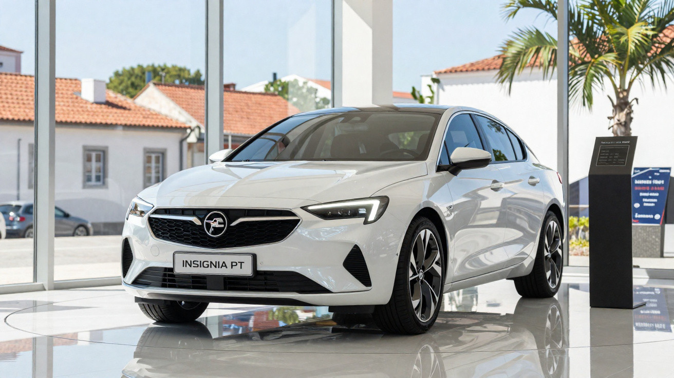Weißer Opel Insignia PT in einem modernen Showroom mit großen Fenstern und Palmen im Hintergrund.