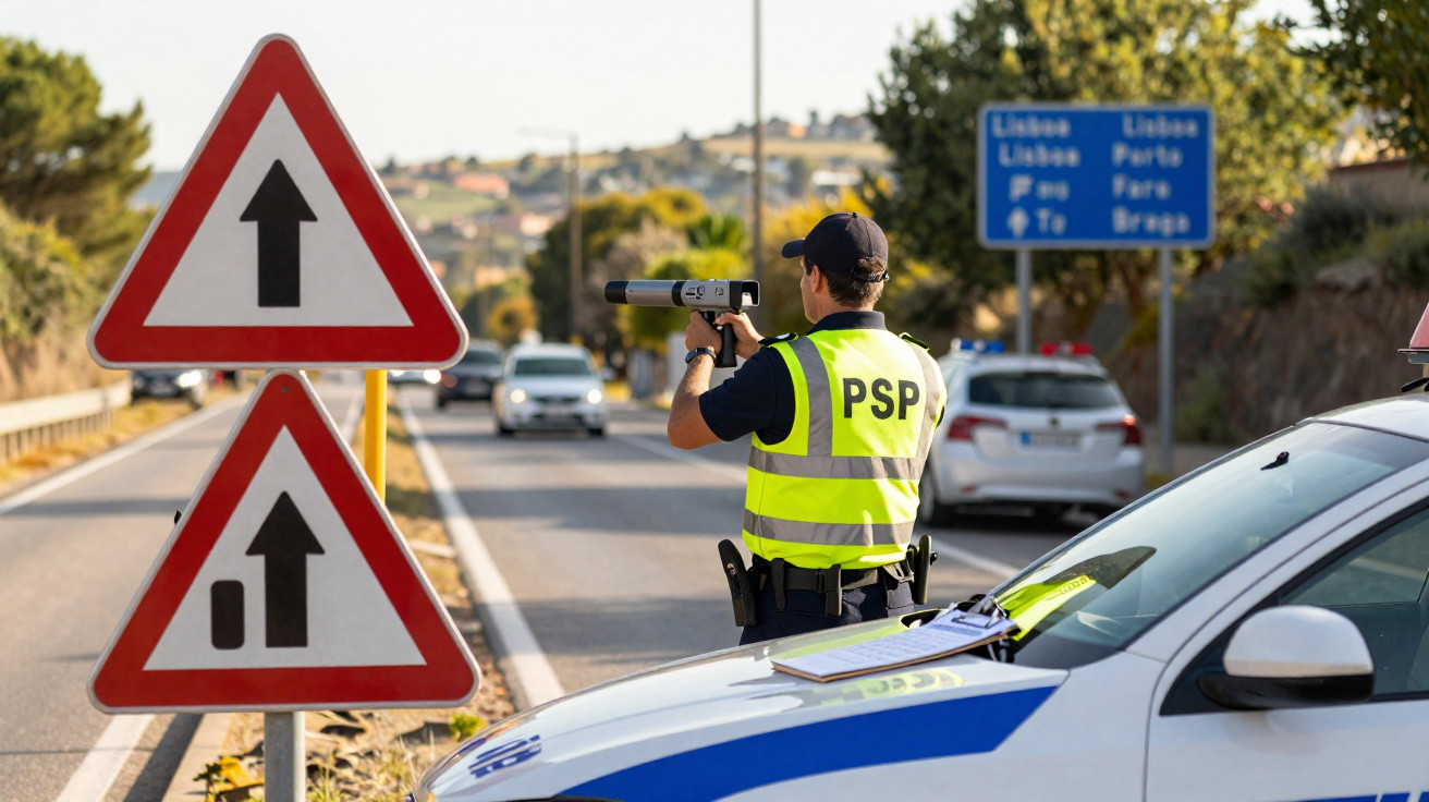 Polizist mit Warnweste misst Geschwindigkeit auf einer Landstraße mit Verkehrsschildern im Vordergrund.