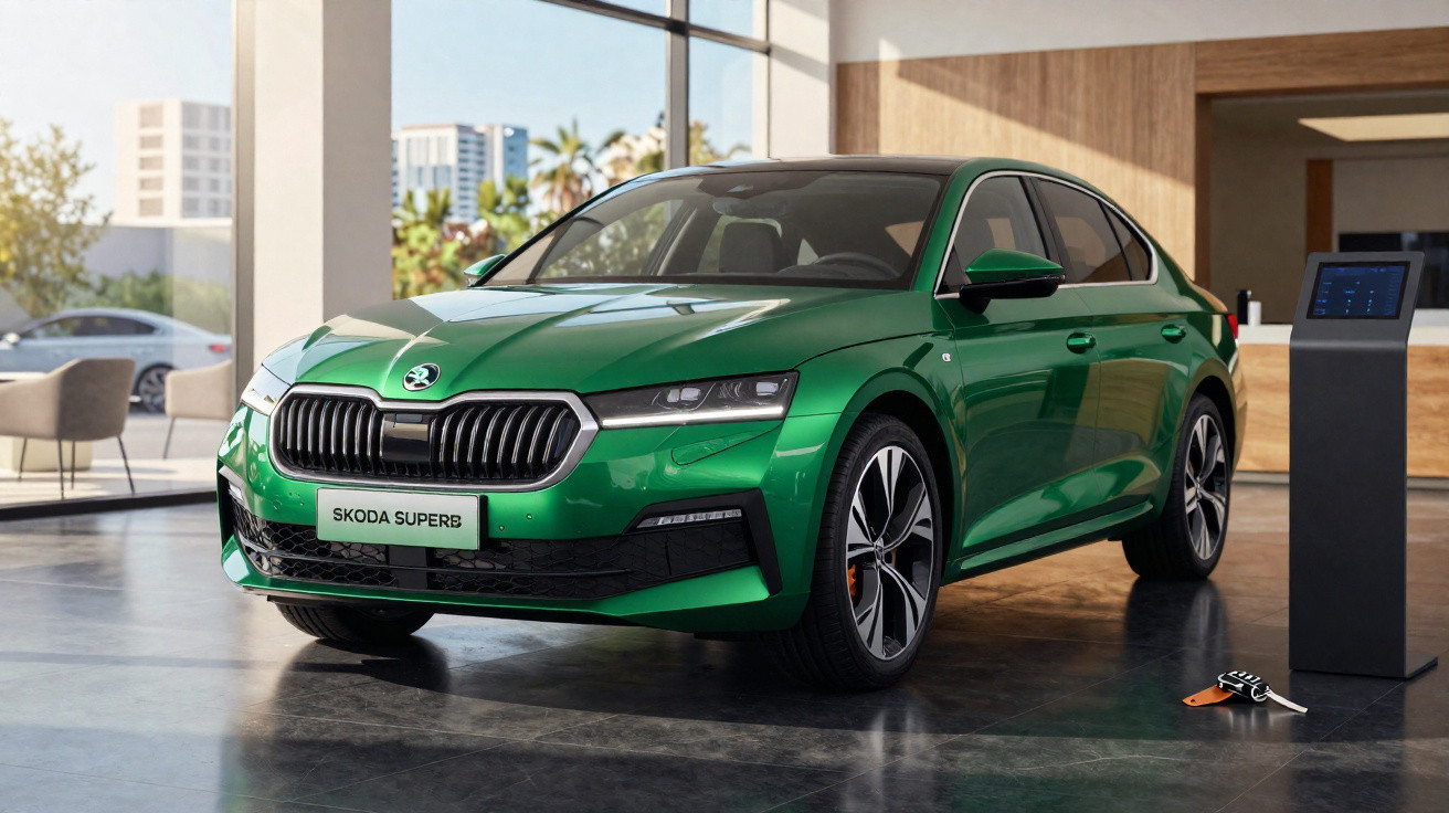 Grüner Skoda Superb Limousine steht in modernem Showroom mit Schlüsselbund auf Boden.