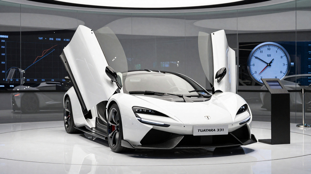 Weißer Supersportwagen Tuatara 331 mit geöffneten Scherentüren in moderner Ausstellungshalle