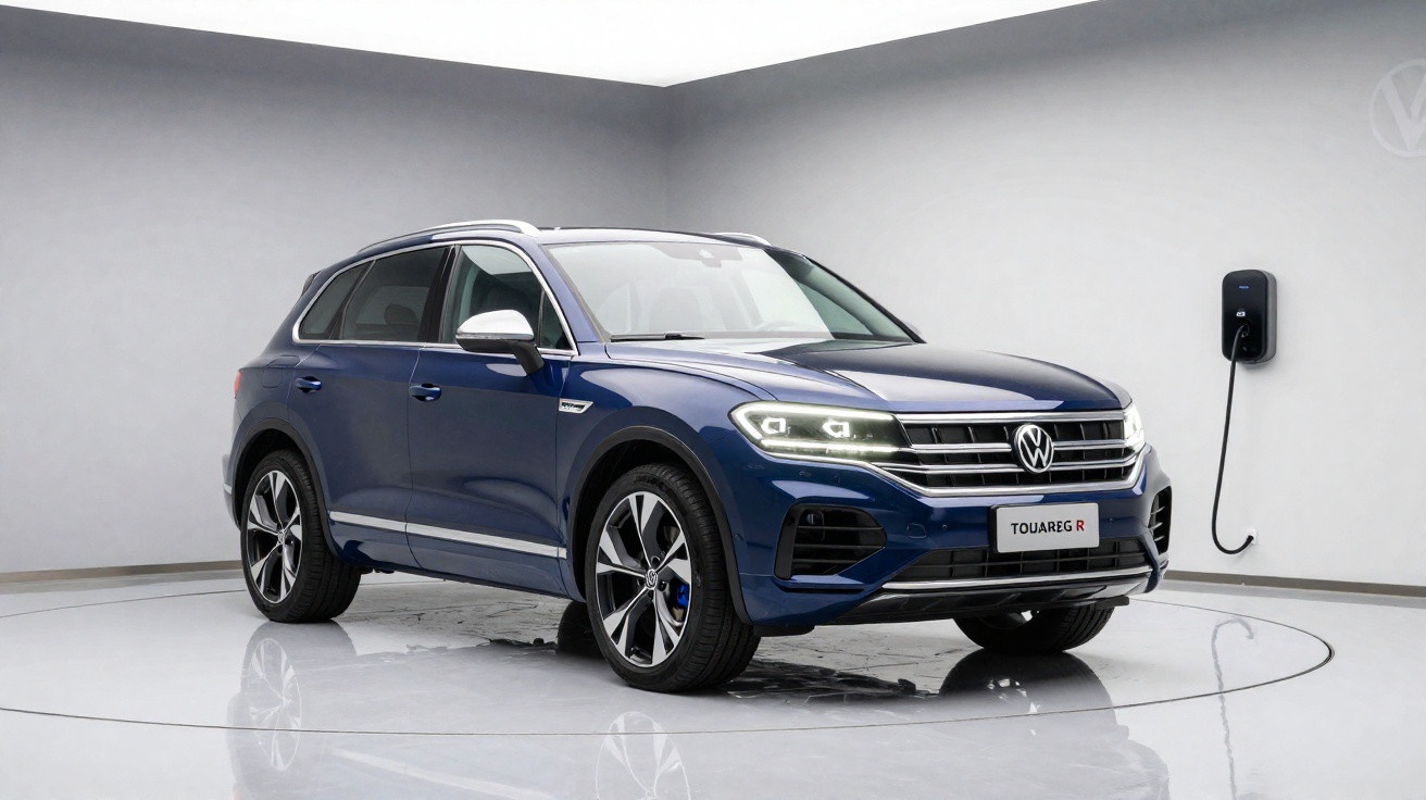 Blauer Volkswagen Touareg R SUV an Ladestation in modernem, weißem Ausstellungsraum
