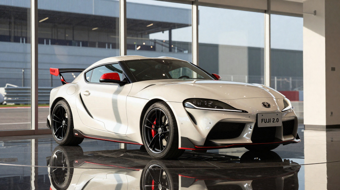 Weißer Toyota Supra Sportwagen mit rotem Akzent und Spoiler in moderner Garage bei Tageslicht.