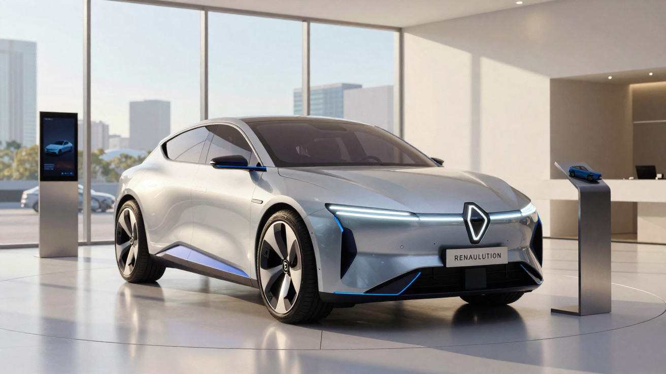 Silberner Renault Elektroauto Prototyp in modernem Ausstellungsraum mit großen Fenstern und Stadtansicht.