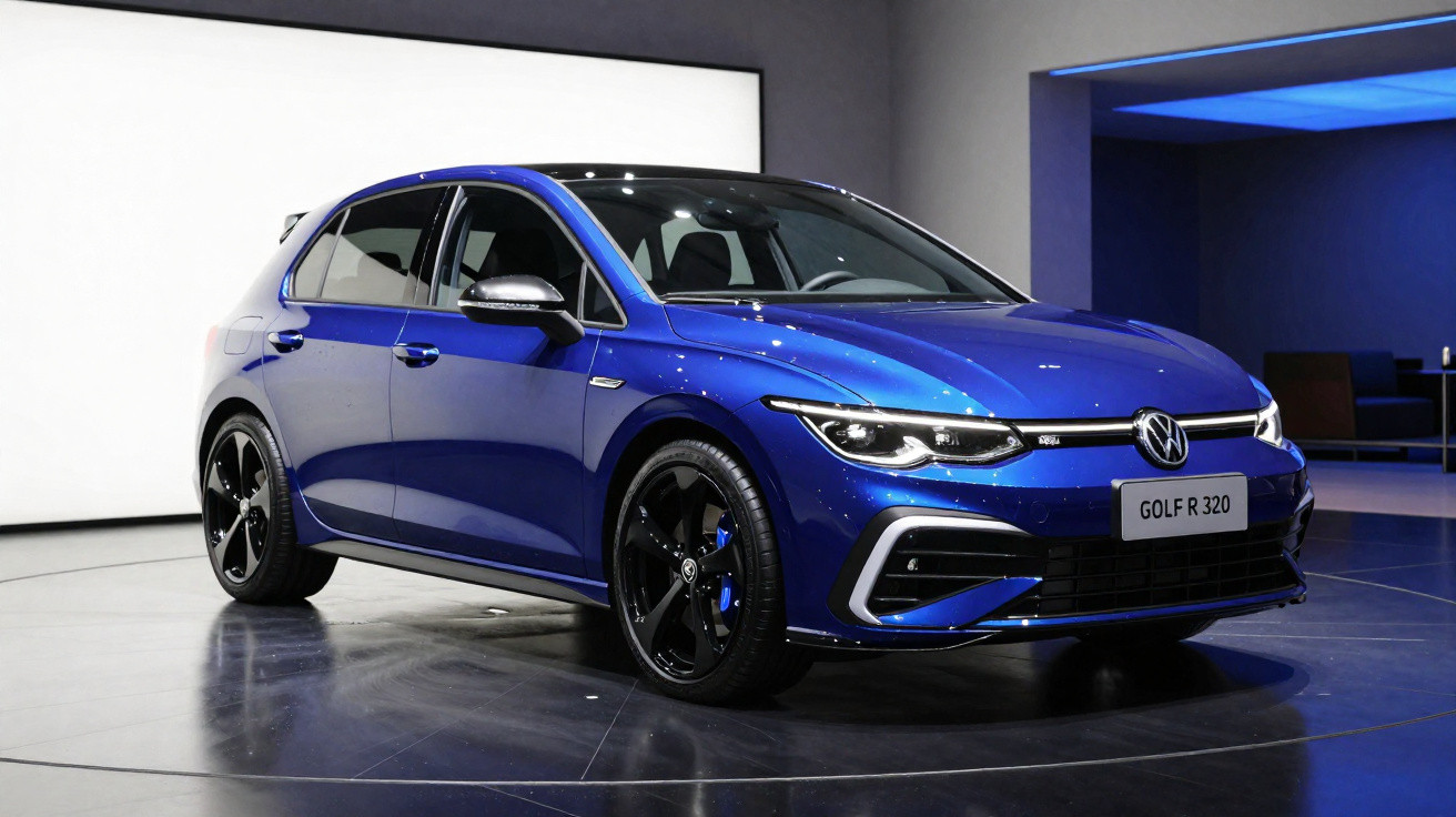 Blauer Volkswagen Golf R 320 in moderner Ausstellung mit schwarzem Felgendesign und LED-Scheinwerfern.