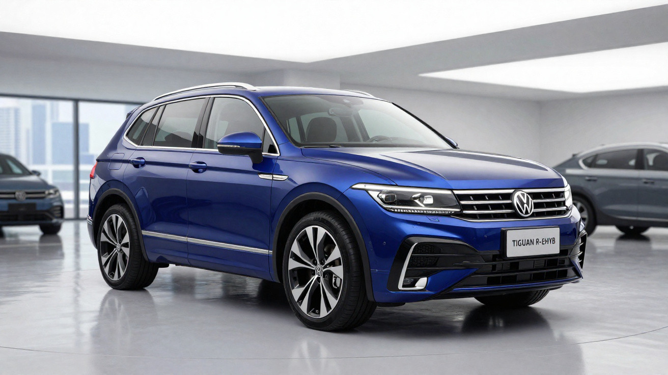 Blauer Volkswagen Tiguan R- Hybrid SUV in einer modernen, hellen Ausstellungshalle.