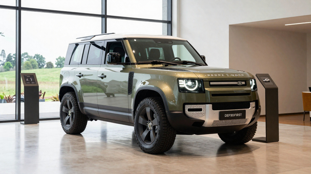 Moderner grüner Land Rover Defender steht in einem hellen Ausstellungsraum vor großen Fenstern.
