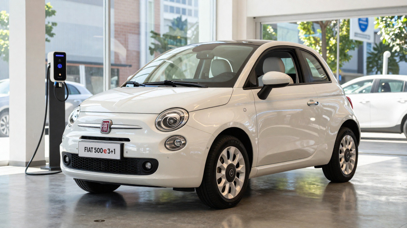 Weißer Fiat 500e Elektro-Kleinwagen in einem hellen Showroom neben Ladestation.