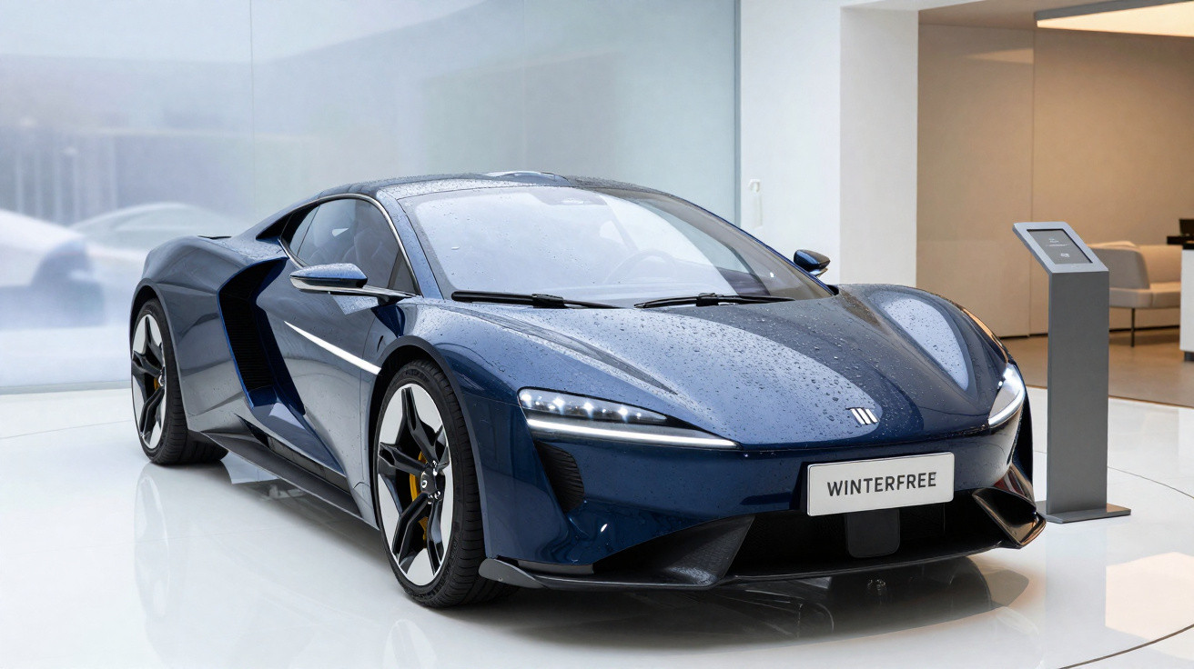 Blauer Sportwagen mit Nummernschild „WINTERFREE“ in modernem, weißem Ausstellungsraum bei Regen.