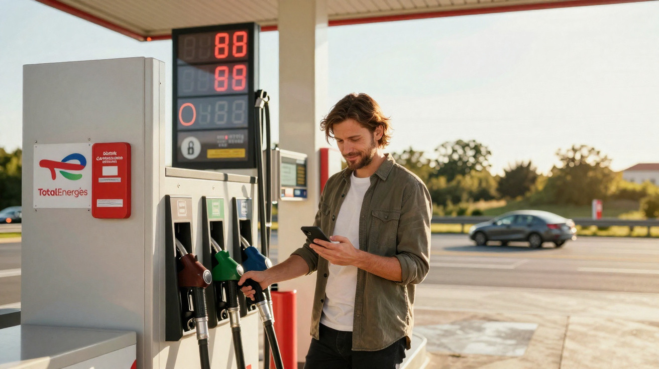 Mann tankt Auto an TotalEnergies Tankstelle und schaut auf sein Smartphone bei Sonnenuntergang.