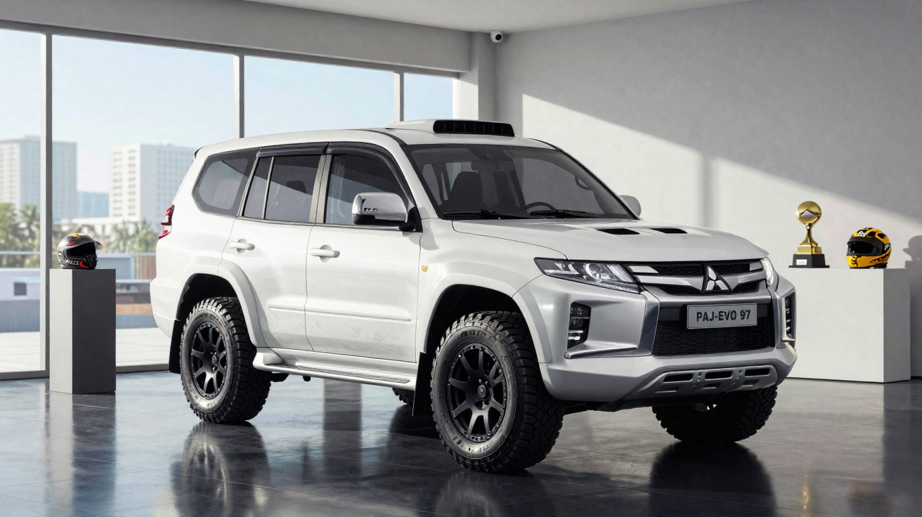 Weißer Mitsubishi Pajero Geländewagen mit großen Offroad-Reifen in einem modernen Ausstellungsraum.