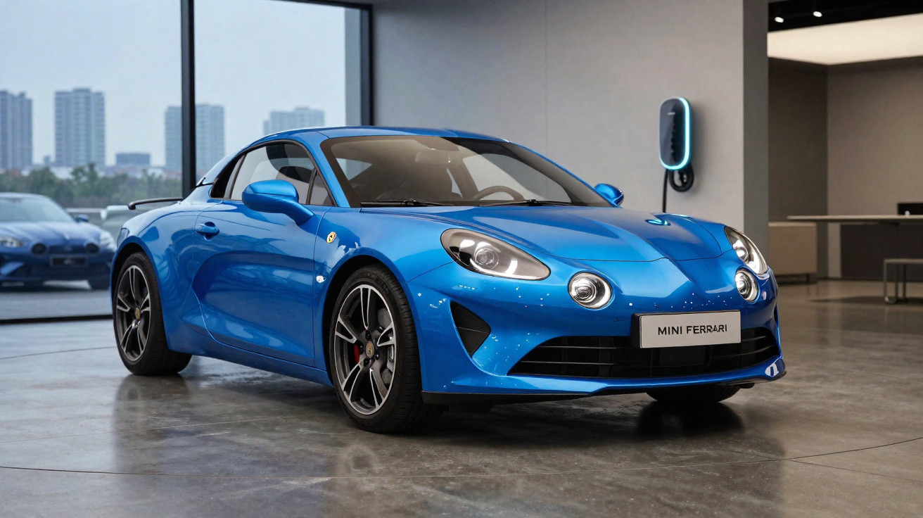 Blauer Sportwagen in moderner Ausstellung mit großer Glasfront und städtischer Skyline im Hintergrund.