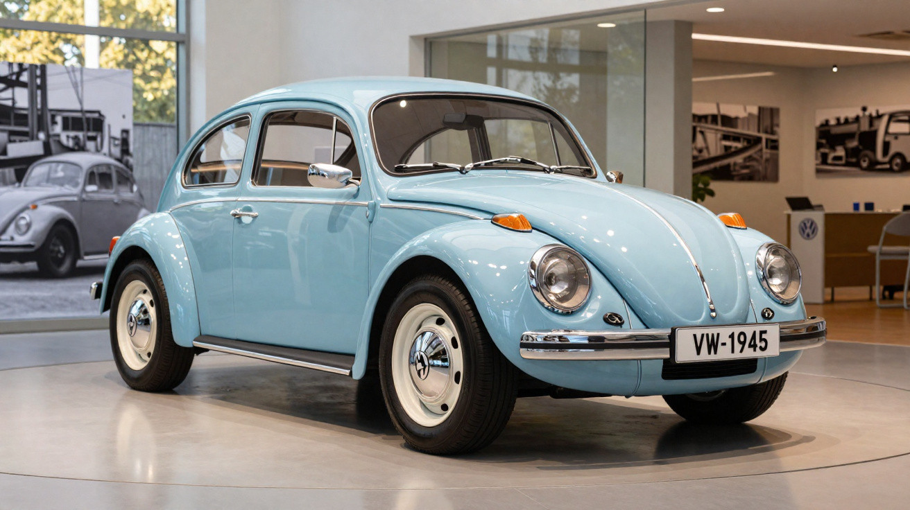 Hellblauer Volkswagen Käfer, Baujahr 1945, auf Ausstellung mit historischen Fotos im Hintergrund.