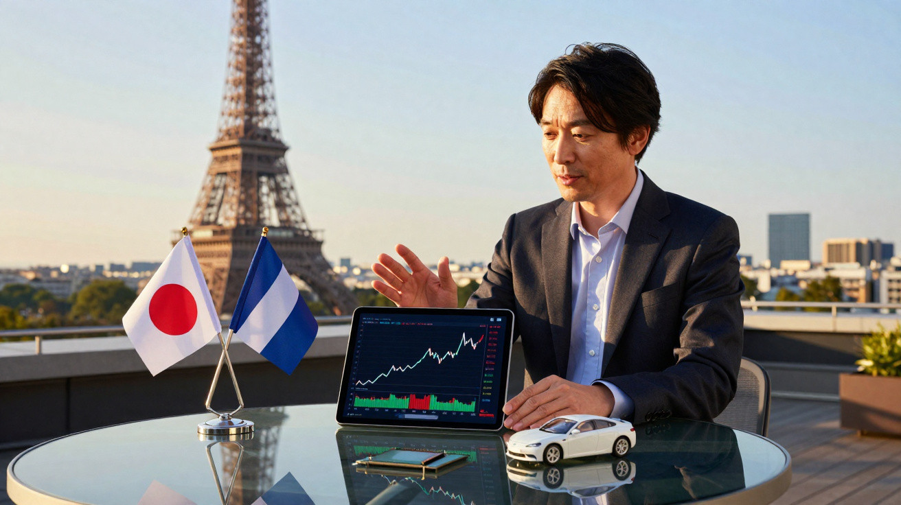 Geschäftsmann zeigt Tablet mit Aktienchart, japanische und finnische Flagge, Eiffelturm im Hintergrund.