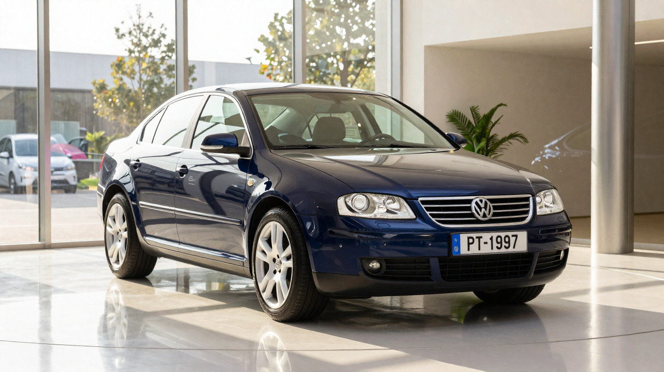 Blauer VW-Passat Limousine, Baujahr 1997, steht in einem hellen Raum mit großen Fenstern.