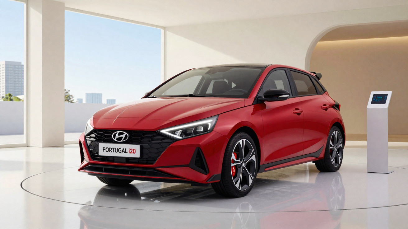 Roter Hyundai i20 PORTUGAL auf drehbarer Plattform in modernem Ausstellungsraum mit weißen Wänden.