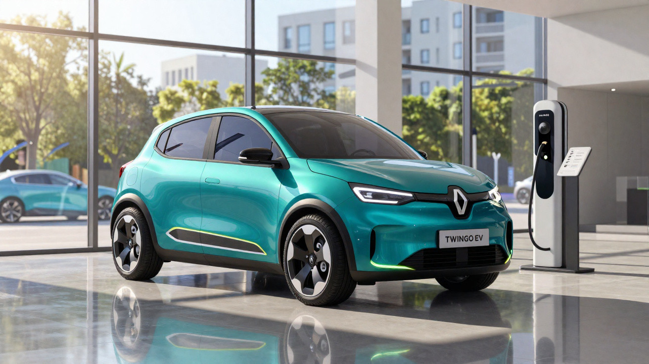 Hellblauer Renault Twingo EV steht in modernem Raum an Ladestation zum Aufladen des Elektroautos.