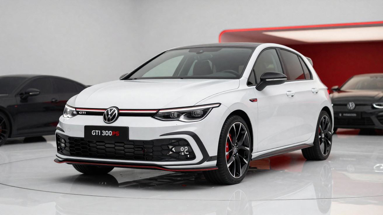 Weißer Volkswagen Golf GTI 300 PS in einem modernen, hellen Showroom mit schwarzen Akzenten.