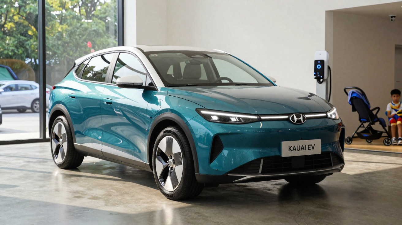 Blaugrünes Hyundai Kauai EV Elektroauto steht in modernem Raum neben Ladestation.