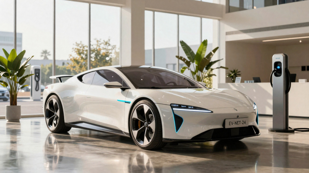Weißer Sportwagen mit futuristischem Design an Ladestation in modernem, hellem Showroom.