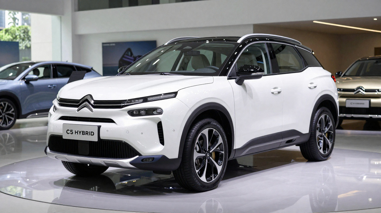 Weißer Citroën C5 Hybrid SUV im Ausstellungsraum mit schwarzem Dach und markanten Tagfahrleuchten.