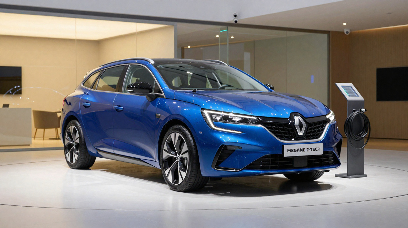 Blauer Renault Megane E-Tech Elektroauto auf Ausstellungsplattform neben Ladestation in modernem Raum.