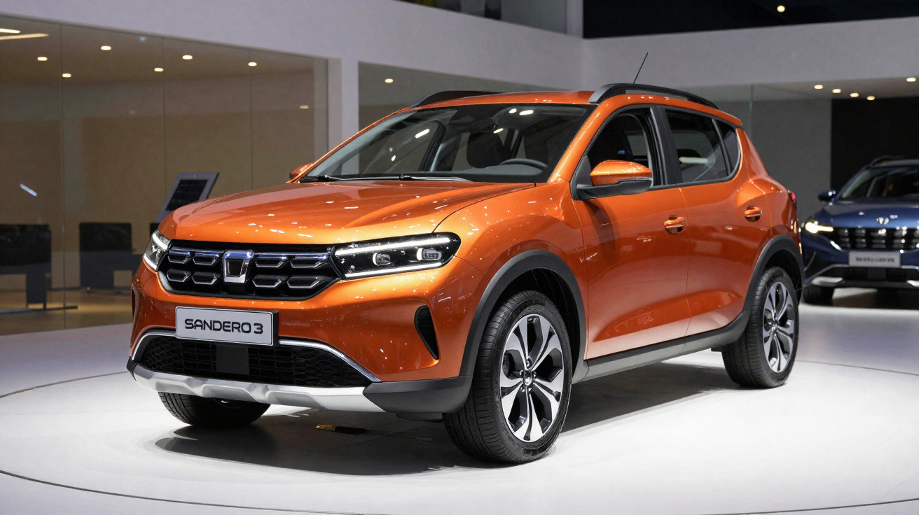 Oranger Dacia Sandero 3 SUV auf einer weißen Messeplattform in einem Ausstellungsraum.