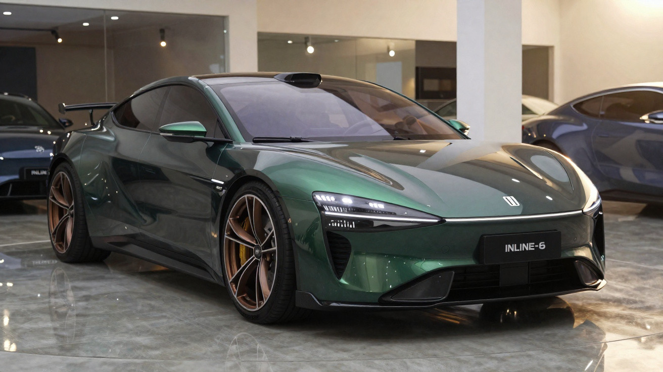 Dunkelgrüner, sportlicher Elektroauto-Prototyp mit dynamischem Design in Innenraumausstellung.