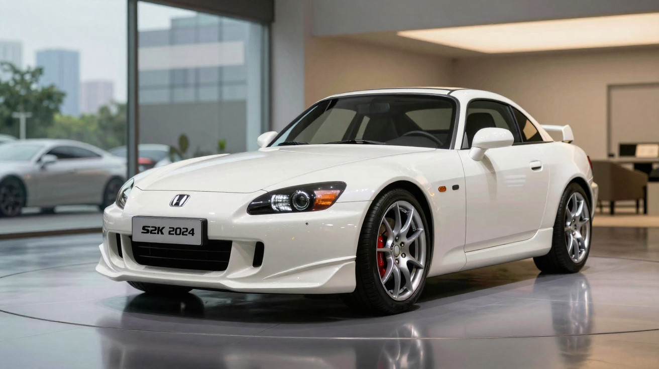 Weißer Honda Sportwagen S2000 2024 in modernem Showroom mit Spiegelung auf glänzendem Boden.