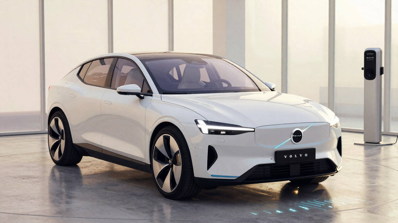 Weißes Volvo Elektroauto steht in modernem Raum neben Ladestation mit gespiegelt glänzendem Boden.