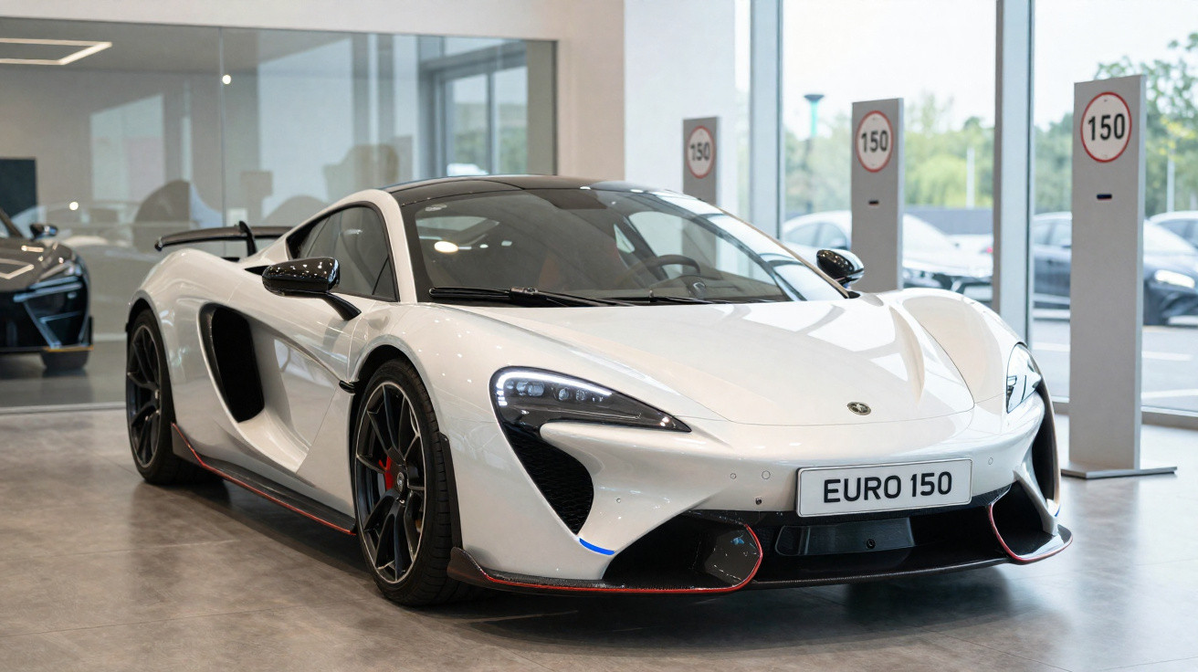 Weißer Sportwagen McLaren mit schwarzen Akzenten in einem hellen Ausstellungsraum.