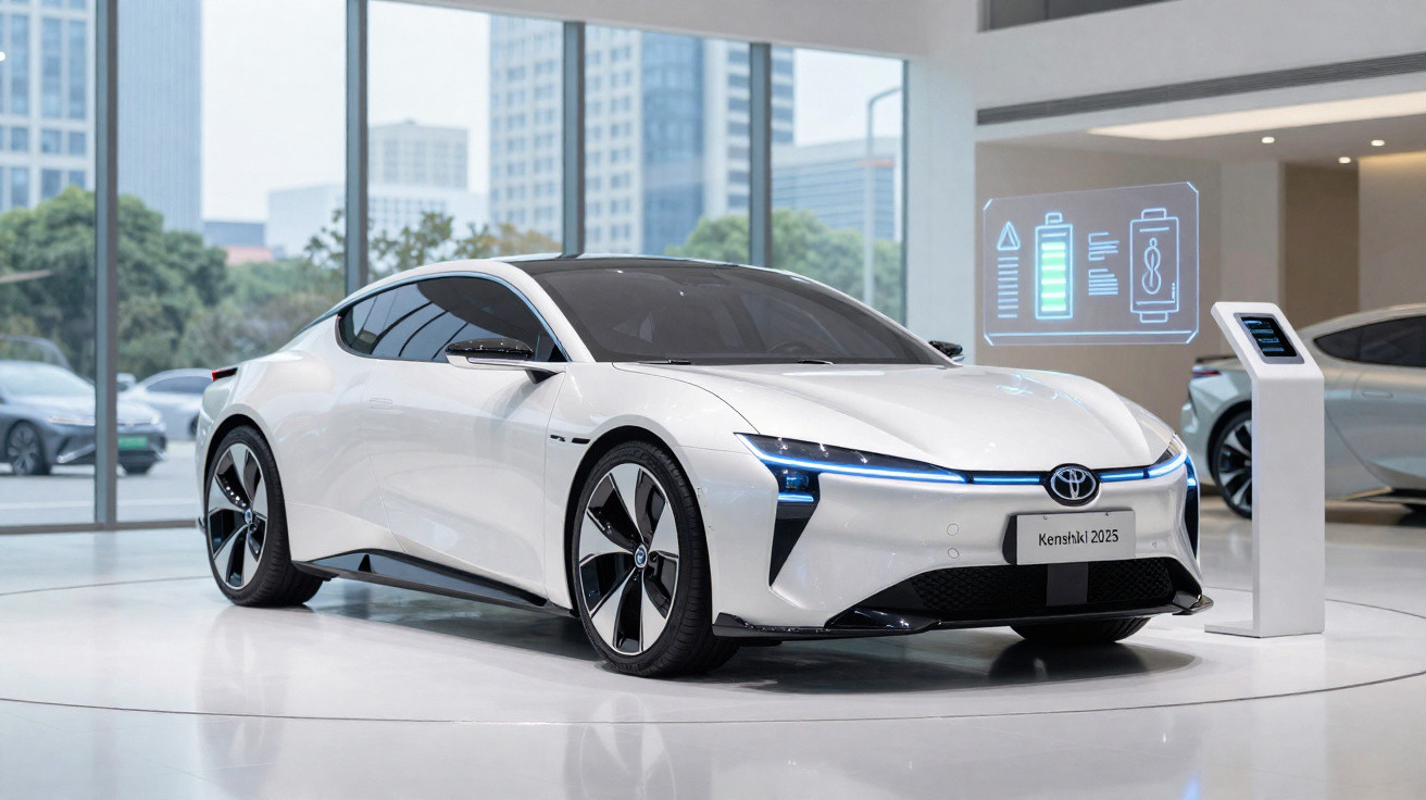 Weißes futuristisches Elektroauto Toyota Kenshiki 2025 in modernem Ausstellungsraum mit großer Fensterfront.