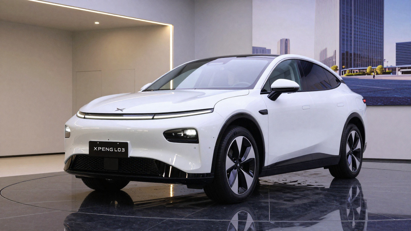 Weißes Elektroauto XPeng L03 steht in modernem Ausstellungsraum auf glänzendem Boden.
