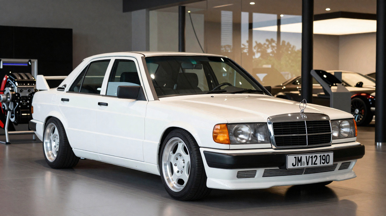 Weißer klassischer Mercedes-Benz 190E mit Heckspoiler in moderner Ausstellungshalle.