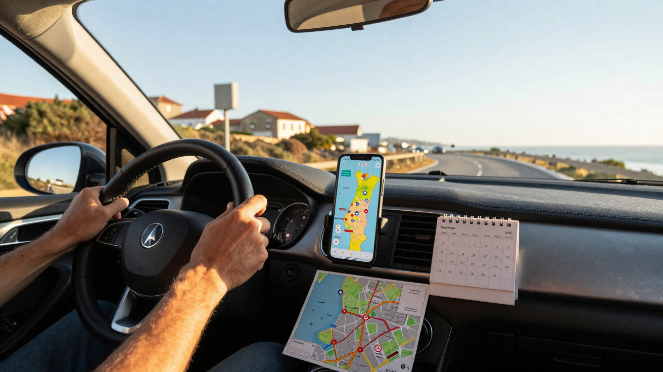 Innenansicht eines Autos mit Fahrer, Navigation am Smartphone, Straßenkarte und Kalender auf dem Armaturenbrett.