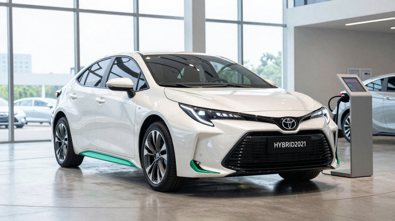 Weißer Toyota Hybrid 2021 in einem hellen Autohaus, lässig geparkt neben einer Ladestation.