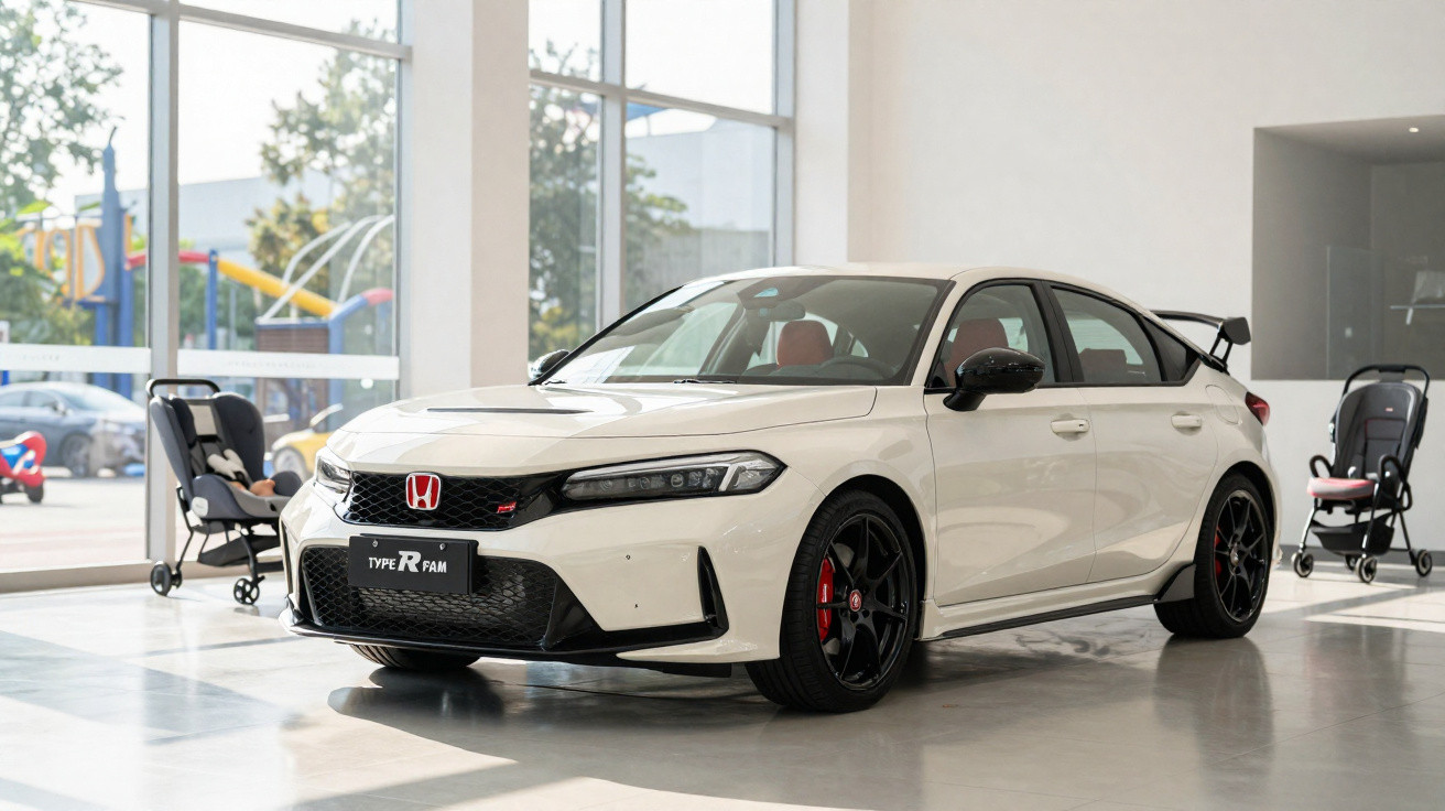 Weißer Honda Type R mit schwarzem Spoiler in einem hellen Showroom mit Kinderwagen im Hintergrund