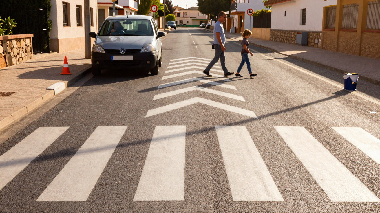 Mann und Kind überqueren eine Straße auf Zebrastreifen in einer sonnigen Wohnstraße mit geparktem Auto.