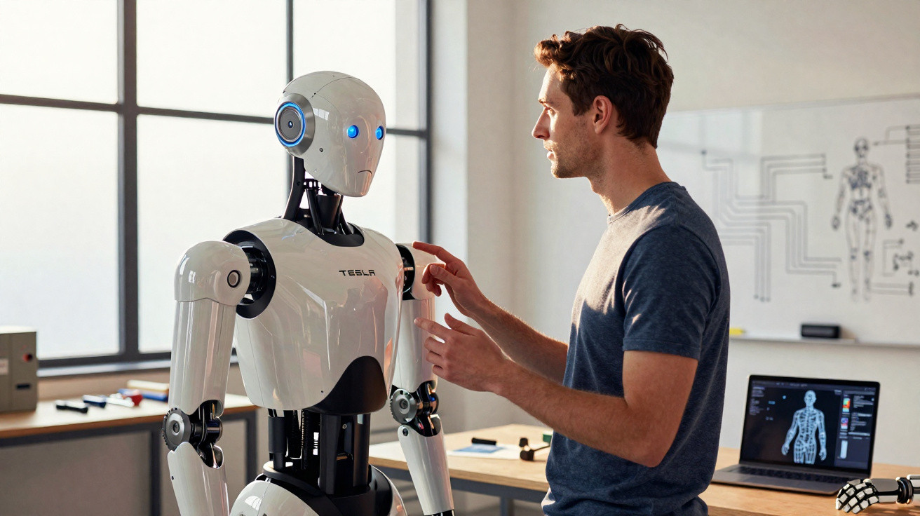 Ein Mann interagiert mit einem humanoiden Tesla-Roboter in einem modernen Büro mit technischer Ausstattung.