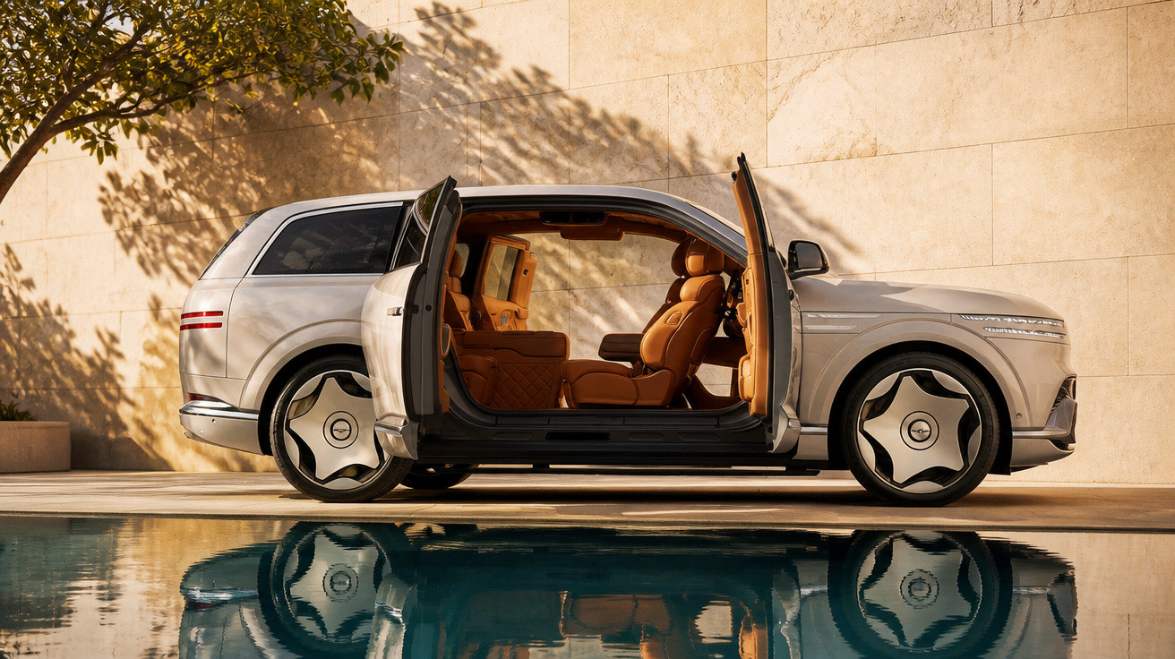 Elegantes SUV mit offenen Flügeltüren und braunem Lederinterieur vor sandfarbener Wand am Pool.