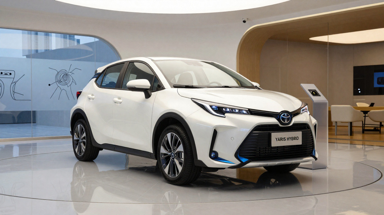 Weißer Toyota Yaris Hybrid in einem modernen Ausstellungsraum mit runden architektonischen Elementen.