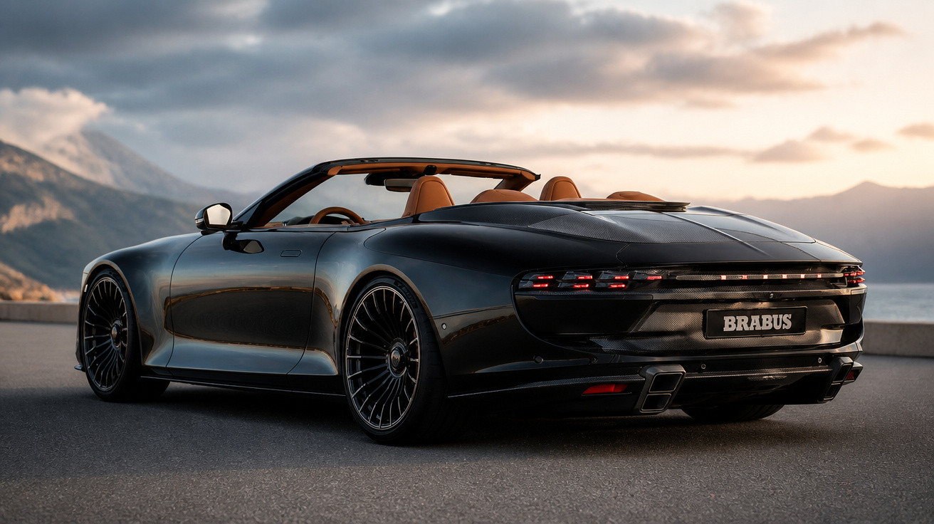 Schwarzer Brabus Cabrio-Sportwagen mit braunem Interieur vor Berg- und Meerlandschaft bei Sonnenuntergang.