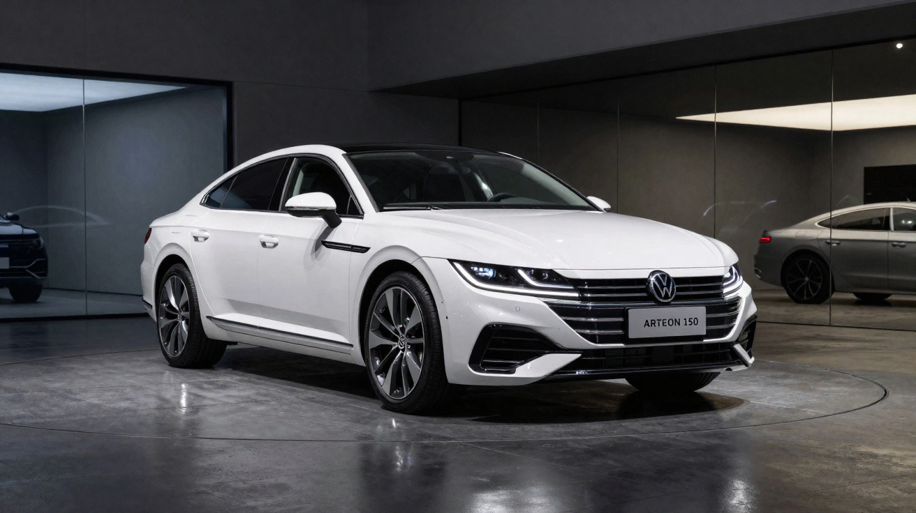 Weißer Volkswagen Arteon 150 im Showroom mit Spiegelungen an dunklen Wänden.