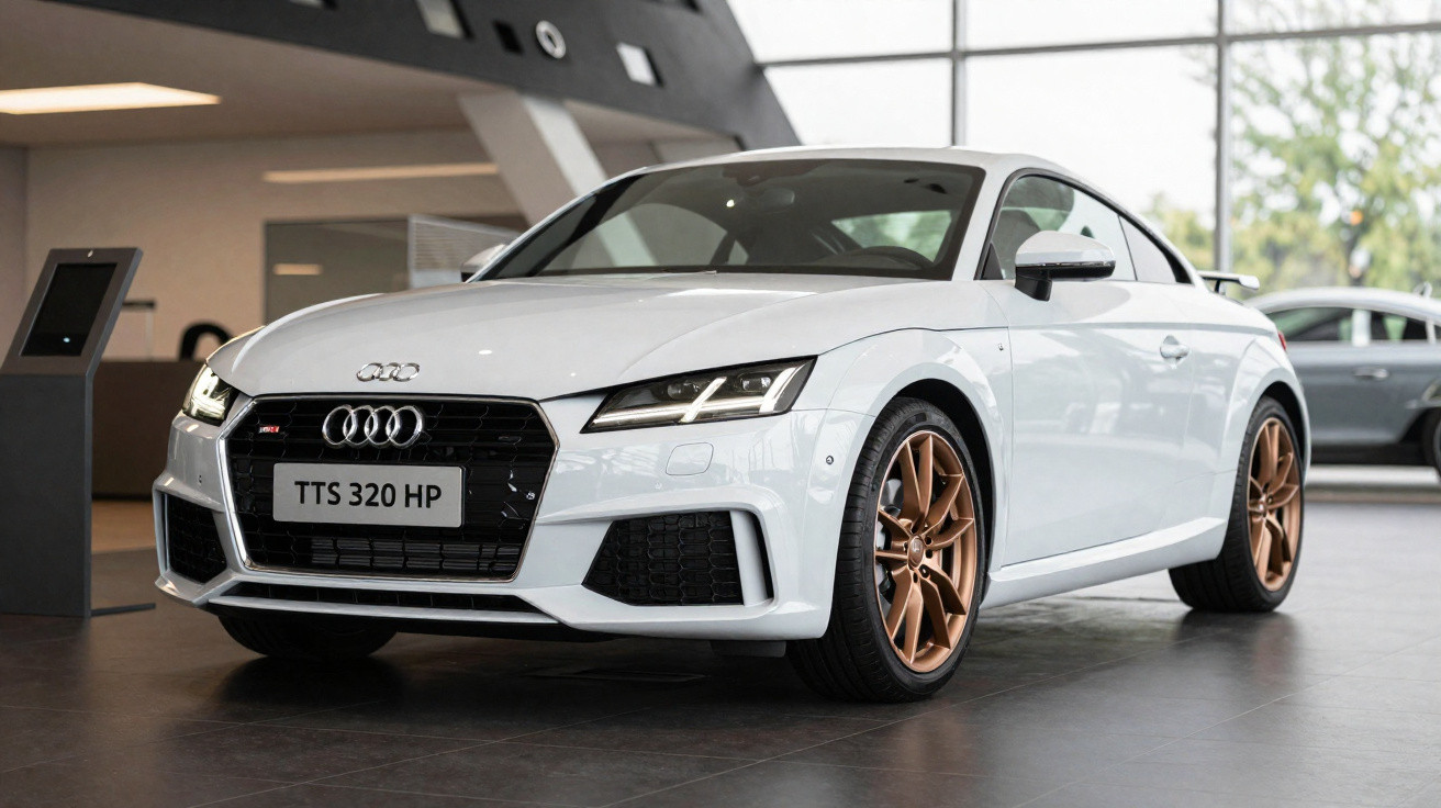 Weißer Audi TTS Sportwagen mit kupferfarbenen Felgen in einem modernen Autohaus.
