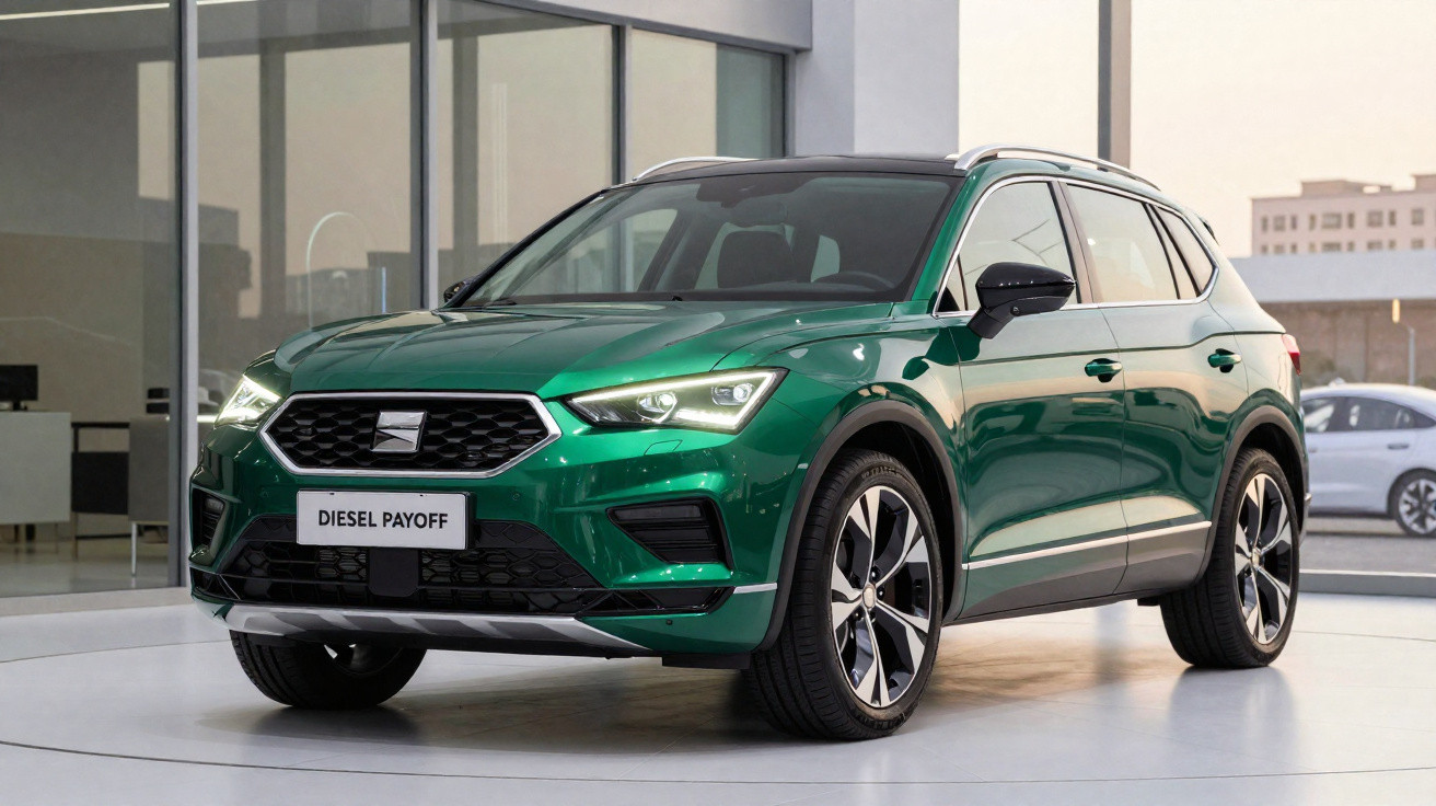 Grüner Seat SUV mit glänzendem Lack auf Rundfläche in modernem Showroom mit großen Fenstern.