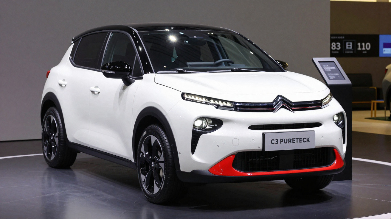 Weißer Citroën C3 PureTech mit schwarzem Dach und rotem Akzent am Kühlergrill auf Autoshow.