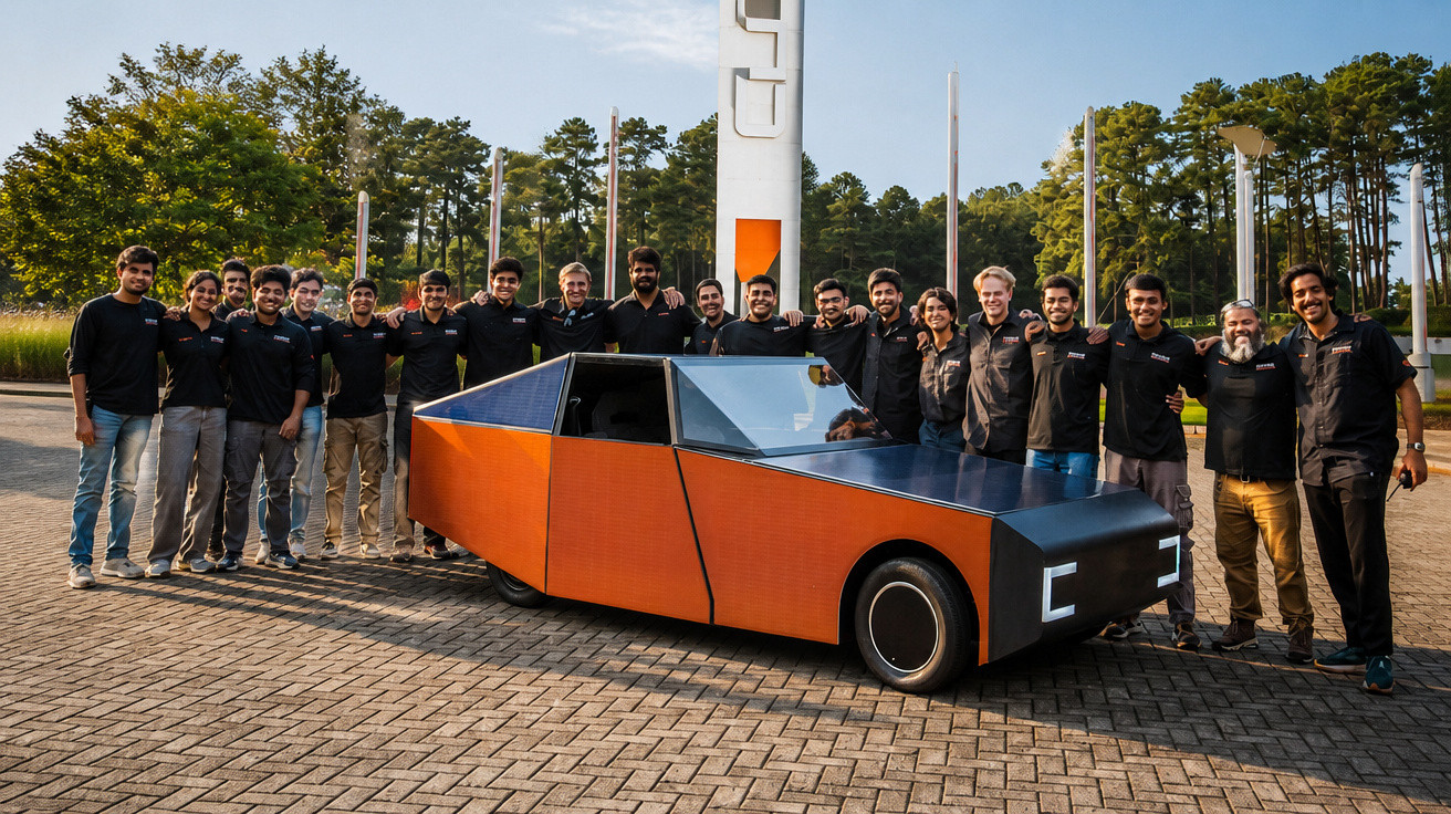 Gruppenfoto von 17 Personen neben einem futuristischen, orange-schwarzen Solarauto auf gepflastertem Platz im Freien.