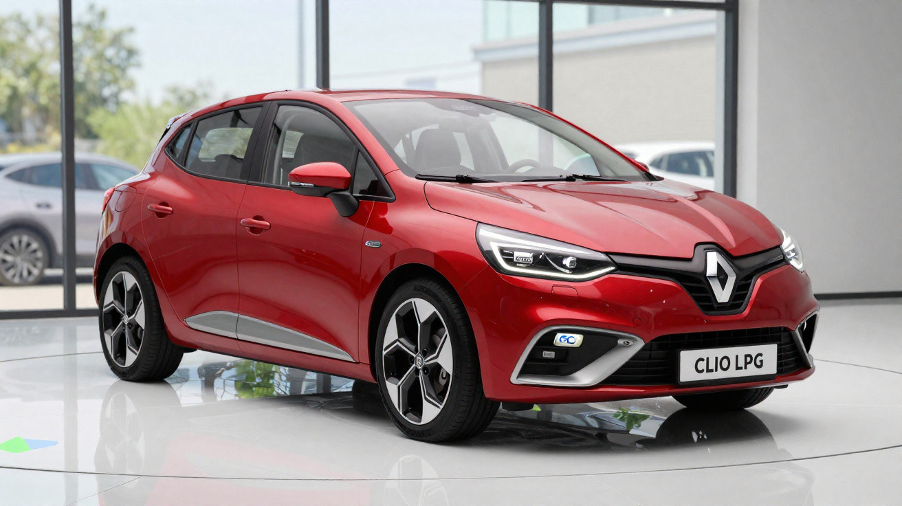 Roter Renault Clio LPG Kleinwagen in einem hellen Showroom, Front- und Seitenansicht sichtbar.