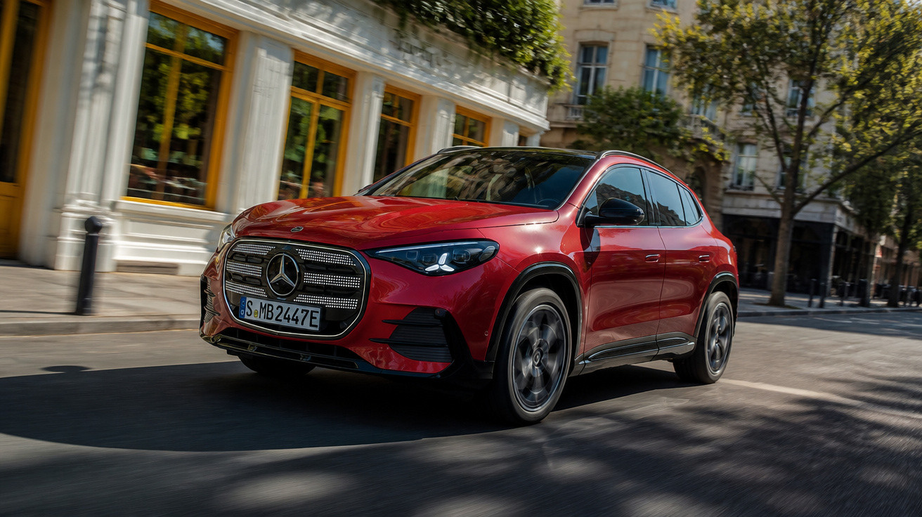 Roter Mercedes-Benz SUV fährt auf sonniger Straße mit historischen Gebäuden im Hintergrund.
