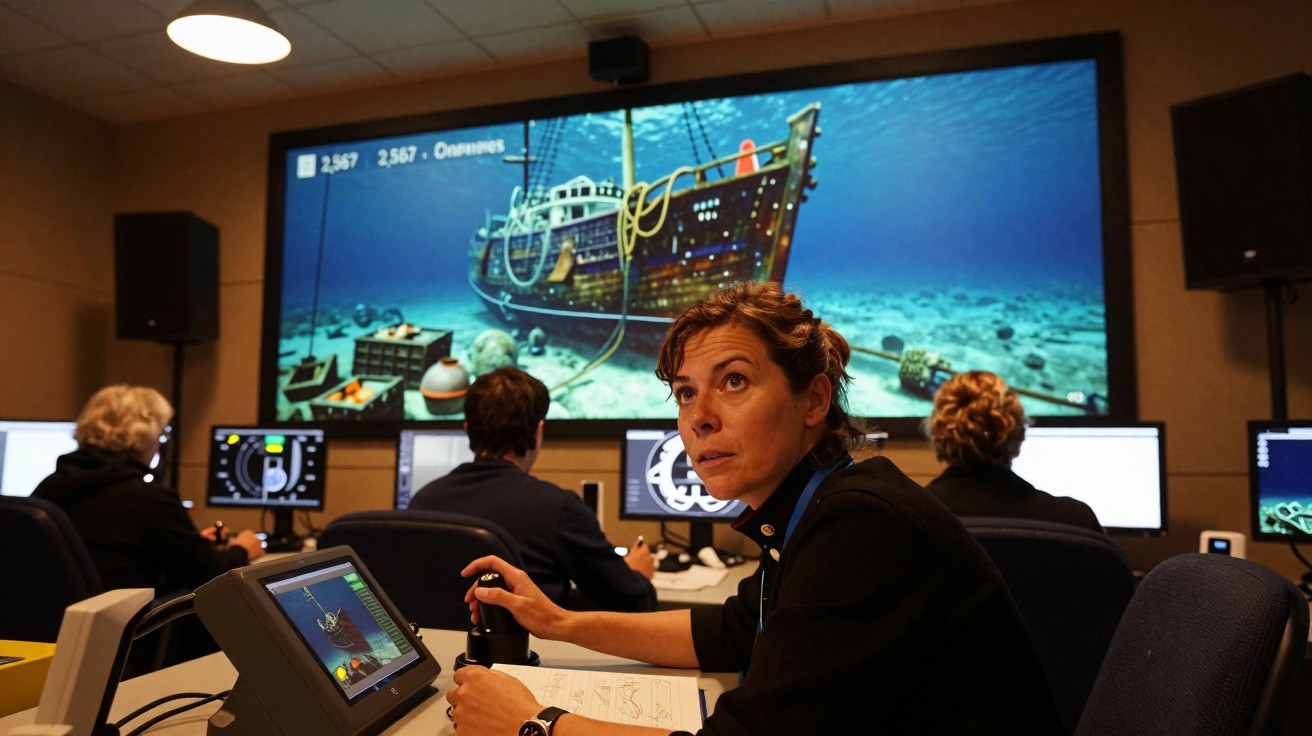 Frau steuert Unterwasserroboter in Kontrollraum vor großem Bildschirm mit Schiffswrack-Simulation.