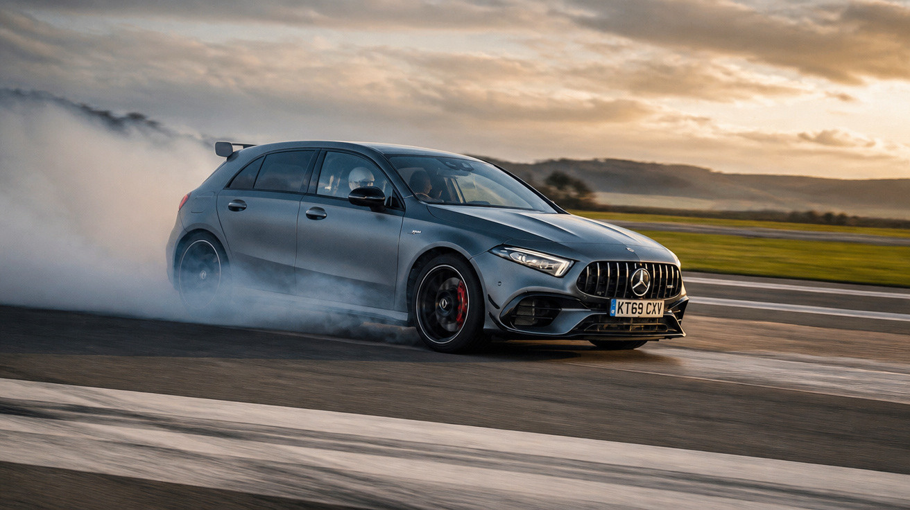 Grauer Mercedes-Benz AMG fährt mit Reifenrauch auf leerer Straße bei Sonnenuntergang.